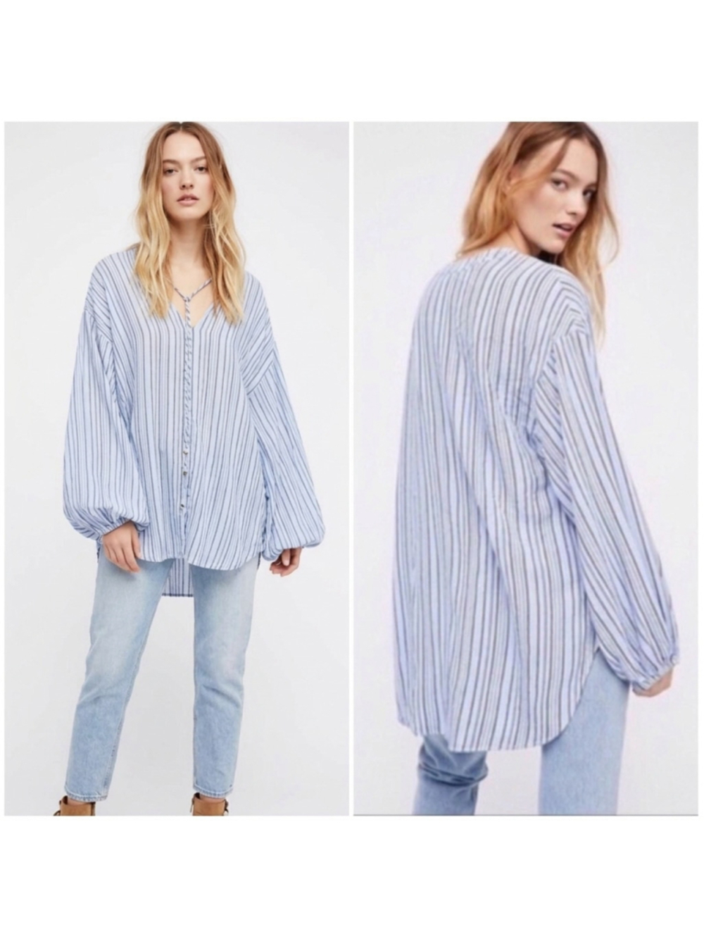 Free People Rhythm Of The Night Top XS Light Blue Stripe Oversized Tunic Blouse